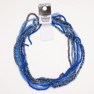 Bead mix glass 5pk 3x2mm-7x5mm round, opaque stardust blue cobalt blue peacock 15 inch