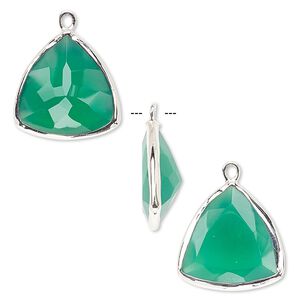 Drop, green onyx (dyed) and sterling silver, 16x16x16mm two-sided faceted triangle. Sold per pkg of 2.