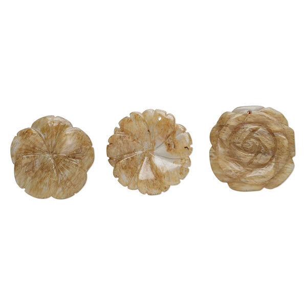 Focal mix, tigerskin glass, translucent, 35x30mm-35x35mm top-drilled carved flower. Sold per pkg of 3. image number 0