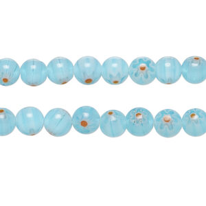 Bead, millefiori glass 1pkg1, translucent light aqua, / red / white, 6mm round, 15 inches.