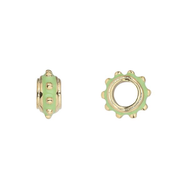 Bead, Dione®, gold-finished "pewter" (zinc-based alloy) and enamel, lime green, 12x6mm beaded rondelle with 5mm hole. Sold individually. image number 0