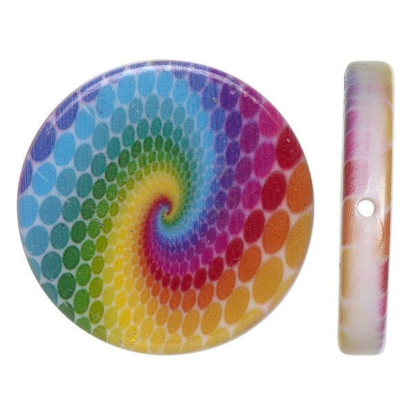 Bead, acrylic, multicolored, 32mm double-sided flat round with rainbow swirl design. Sold per pkg of 6. image number 0
