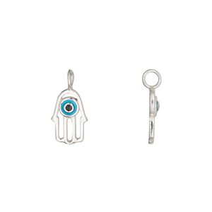 Charm sterling silver / enamel 1pkg1, 11.5x7.5mm Fatima hand perpendicular loop, black / blue