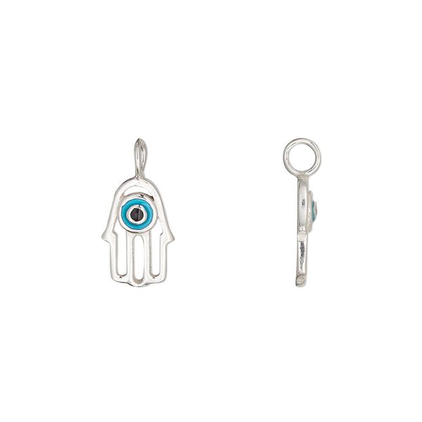 Charm sterling silver / enamel 1pkg1, 11.5x7.5mm Fatima hand perpendicular loop, black / blue image number 0