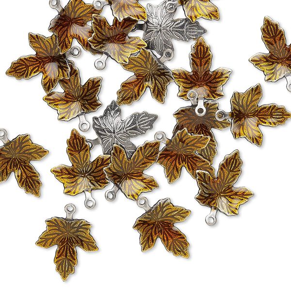 Charm, enamel and antique silver-plated brass, brown, 13x12mm single-sided maple leaf. Sold per pkg of 100. image number 0