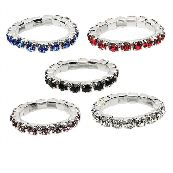 Toe ring mix, stretch, glass rhinestone and silver-plated brass, mixed colors, 2.5mm round, size 3-4. Sold per pkg of 5. image number 0