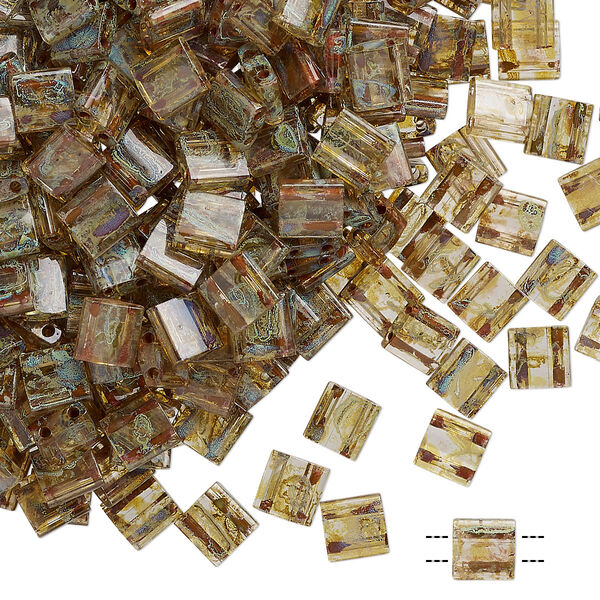 Seed bead, TILA®, glass, pkg/250g, 5mm full tila square, translucent Picasso light amber, (TL-4501). image number 0