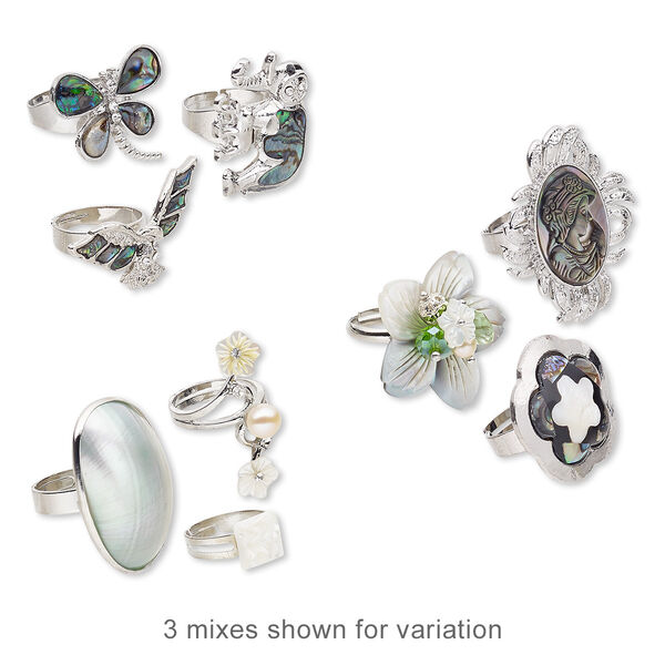 Ring mix, cultured freshwater pearl / multi-shell (natural / dyed / bleached / assembled) / glass / silver-finished steel / "pewter" (zinc-based alloy), mixed colors, 21x15mm-40x36mm mixed shape, adjustable. Sold per pkg of 3. image number 0
