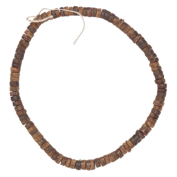 Bead, wood (dyed), dark brown, 6x2mm-7x3mm heishi. Sold per 12-inch strand. image number 0