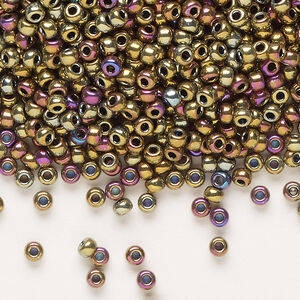 Seed bead, Miyuki, glass, 1pkg10g, #8 rocaille, opaque nickel-plated golden olive iris (RR-188)