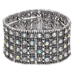 Bracelet, stretch, glass rhinestone and antique silver-finished "pewter" (zinc-based alloy), clear and clear AB, 37.5mm wide with 4-row design, 6 inches. Sold individually.