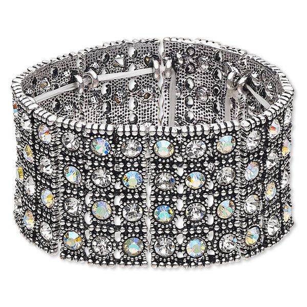 Bracelet, stretch, glass rhinestone and antique silver-finished "pewter" (zinc-based alloy), clear and clear AB, 37.5mm wide with 4-row design, 6 inches. Sold individually. image number 0