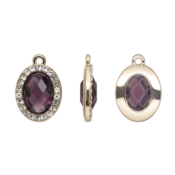 Drop, glass / glass rhinestone / gold-finished "pewter" (zinc-based alloy), clear and transparent amethyst purple, 19x15.5mm single-sided oval. Sold per pkg of 2. image number 0