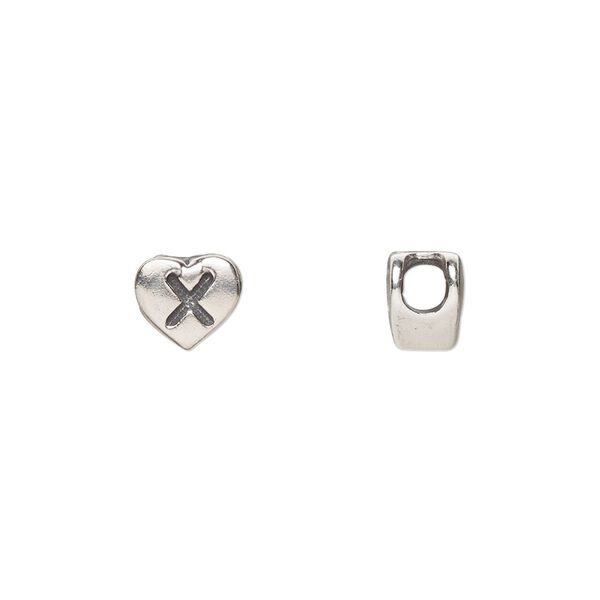 Bead, sterling silver, 7.5x7mm heart with alphabet letter "X." Sold individually. image number 0