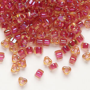 Seed bead, Miyuki 1pkg10g, glass, #5 triangle, transparent fuchsia inside dyed color amber yellow (TR-1163)