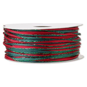 Cord, Satinique™, nylon and polyester, green and red, 2mm regular with vertical stripe. Sold per 100-foot spool.