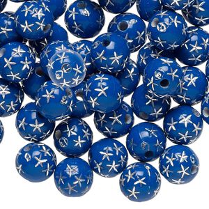 Bead, acrylic, opaque blue and silver, 8mm round with stars. Sold per pkg of 100.