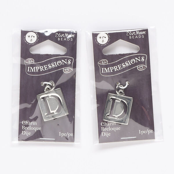 Drop, silver-finished "pewter" (zinc-based alloy) and steel, 16x15mm square with cutout letter "D." Sold per pkg of 2. image number 0