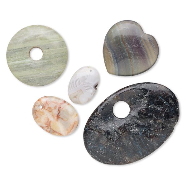 Component / focal / drop mix, multi-gemstone (natural / dyed / heated / man-made) and glass, mixed colors, 24x17mm-63x43mm mixed shape, C- grade, Mohs hardness 3 to 7. Sold per pkg of 5. image number 0