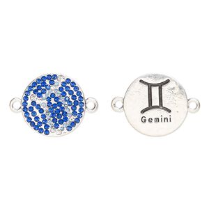 Link, "pewter" (zinc-based alloy)/enamel/cubic zirconia, pkg/1, antique silver finish and mixed colors, 20mm round 2-sided with "Gemini" and  zodiac symbol.