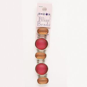 Spacer assortment, gold-finished "pewter" (zinc-based alloy) and frosted glass, red and peach, 20x12mm capsule and 23mm round, fits up to 11mm beads. Sold per pkg of 5.