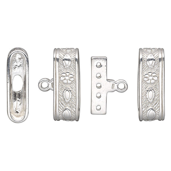 End bar, sterling silver, 19x5.5mm 5-strand double-sided fancy oval textured cap with 15x7mm inside bar, 17x3.5mm hole. Sold individually. image number 0