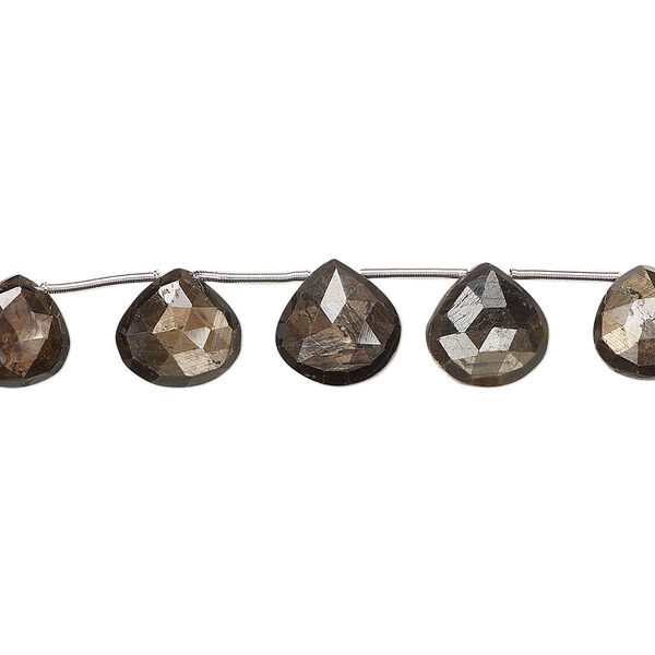 Bead, golden sheen sapphire (natural), 11x10mm-11mm hand-cut top-drilled faceted puffed teardrop, B grade, Mohs hardness 9. Sold per pkg of 5. image number 0