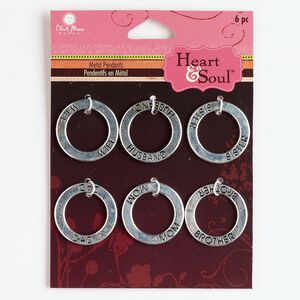 Charm, antique silver-finished "pewter" (zinc-based alloy), 22mm double-sided affirmation open round with "WIFE" / "HUSBAND" / "SISTER" / "BROTHER" / "DAD" / "MOM." Sold per pkg of 6.