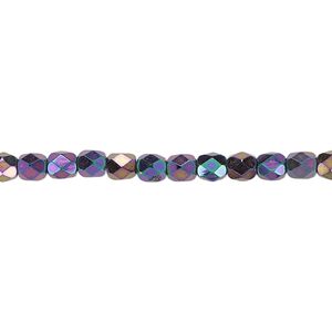 Bead, Czech fire-polished glass, opaque iris purple, 4mm faceted round. Sold per 15-1/2" to 16" strand.
