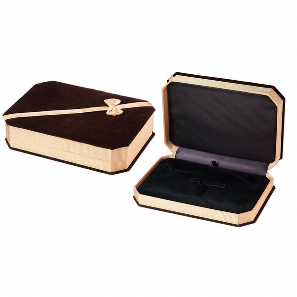 Box, necklace / brooch / earring, velveteen and satin, brown / gold / black, 7-1/4 x 5-1/4 x 1-5/8 inch octagon with ribbed ribbon. Sold individually. image number 0