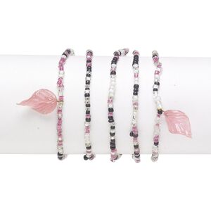 Bracelet mix, stretch, glass, multicolored, #6 round with 23x15mm twisted leaf, 7-1/2 inches. Sold per pkg of 5.