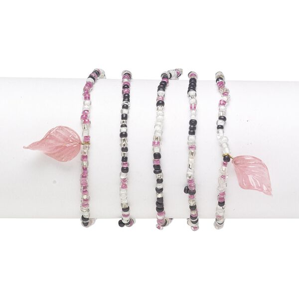 Bracelet mix, stretch, glass, multicolored, #6 round with 23x15mm twisted leaf, 7-1/2 inches. Sold per pkg of 5. image number 0