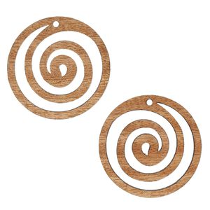 Focal, mango wood (coated), 50mm 2-sided laser-cut round with cutout spiral design. Sold per pkg of 2.