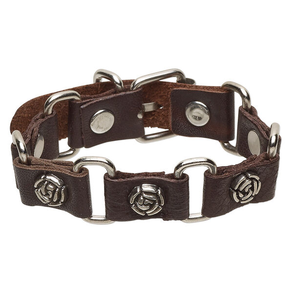 Bracelet, leather (dyed) / imitation rhodium-plated steel / antique silver-plated "pewter" (zinc-based alloy), brown, 22mm wide with 10mm rose, adjustable at 7 and 8 inches with buckle-style closure. Sold individually. image number 0