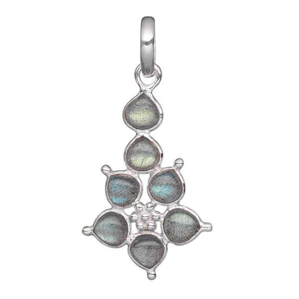 Pendant, labradorite (natural) and sterling silver, 29x19mm pear with 5mm pear. Sold individually. image number 0