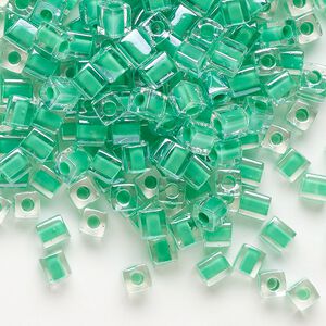 Seed bead, Miyuki, glass, pkg/250g, 3.5-3.7mm square, transparent green inside dyed color clear (SB-219).