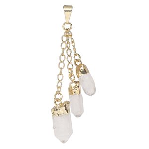 Pendant, Everyday Jewelry, gold-plated brass and quartz crystal (natural), (3) 49-51mm dangling points. Sold individually.
