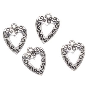 Charm, antique silver-finished "pewter" (zinc-based alloy), 17x16mm heart with swirls. Sold per pkg of 4.