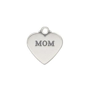 Charm, antiqued sterling silver, 17x15mm double-sided heart with "MOM." Sold individually.