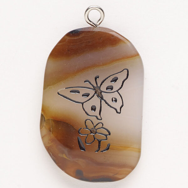 Focal, steel/aventurine (natural)/enamel, pkg/1, silver finish/light to dark/black, 30x24mm-39x27mm single-sided puffed freeform with butterfly and flower, C grade. image number 0