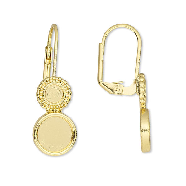 Ear wire, Almost Instant Jewelry®, gold-finished brass, 31mm leverback with 4mm and 8mm round setting. Sold per pkg of 5 pairs. image number 0