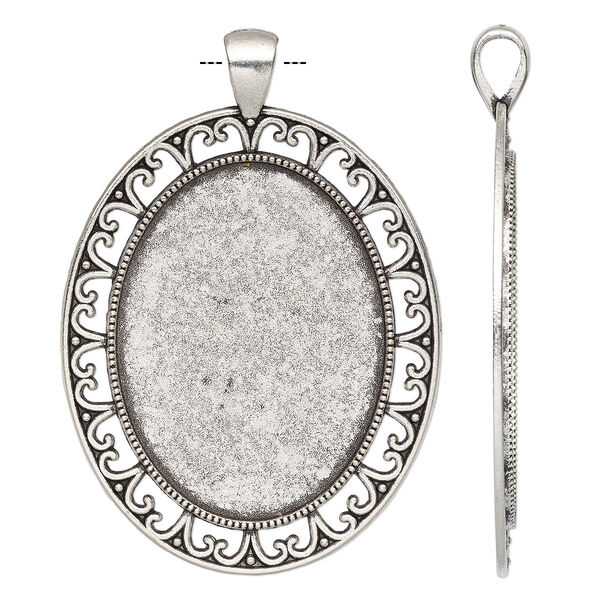 Pendant, antique silver-finished "pewter" (zinc-based alloy), 61x42mm single-sided oval with cutout "V" design and 40x30mm non-calibrated oval setting. Sold individually. image number 0