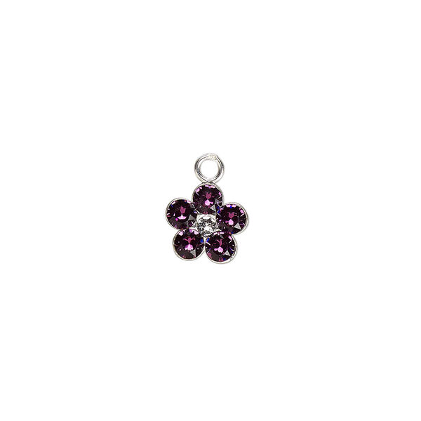 Charm, crystals and sterling silver, amethyst, 8mm flower. Sold per pkg of 2. image number 0