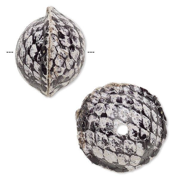 Bead, leather, black and grey, 20-24mm round with snakeskin design. Sold individually. image number 0