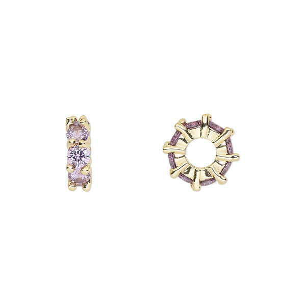 Bead, cubic zirconia and gold-plated brass, amethyst, 10.5x3.5mm rondelle. Sold per pkg of 2. image number 0