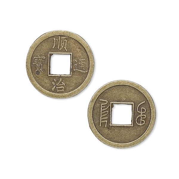 Charm, antique brass-plated "pewter" (zinc-based alloy), 18mm Chinese coin replica. Sold per pkg of 20. image number 0