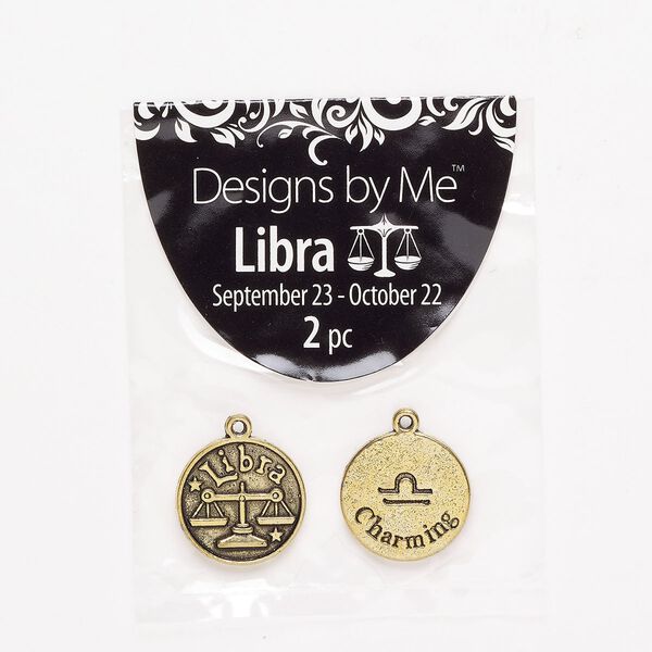 "Pewter" (zinc-based alloy) / enamel 1pkg2, 2-sided round charm / Libra / "Charming" antique gold finish / black 18mm image number 0