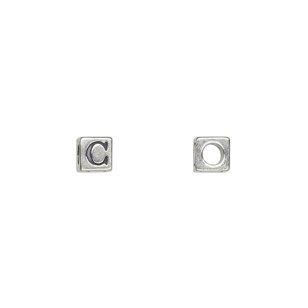 Bead, Dione®, alphabet bead, sterling silver, 5.5mm cube with alphabet letter "C." Sold individually. image number 0