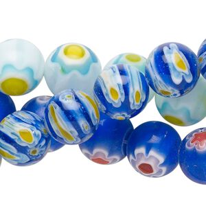 Bead, millefiori glass, translucent blue and multicolored, 11-12mm round. Sold per pkg of (3) 14-inch strands.