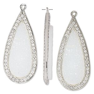 Focal, white druzy agate / white topaz (natural) / sterling silver, 35x16mm single-sided teardrop. Sold individually.